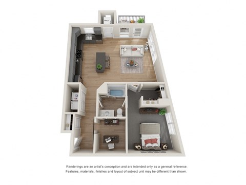 Floor plan for 1 bed, 1 bath, 917 sqft